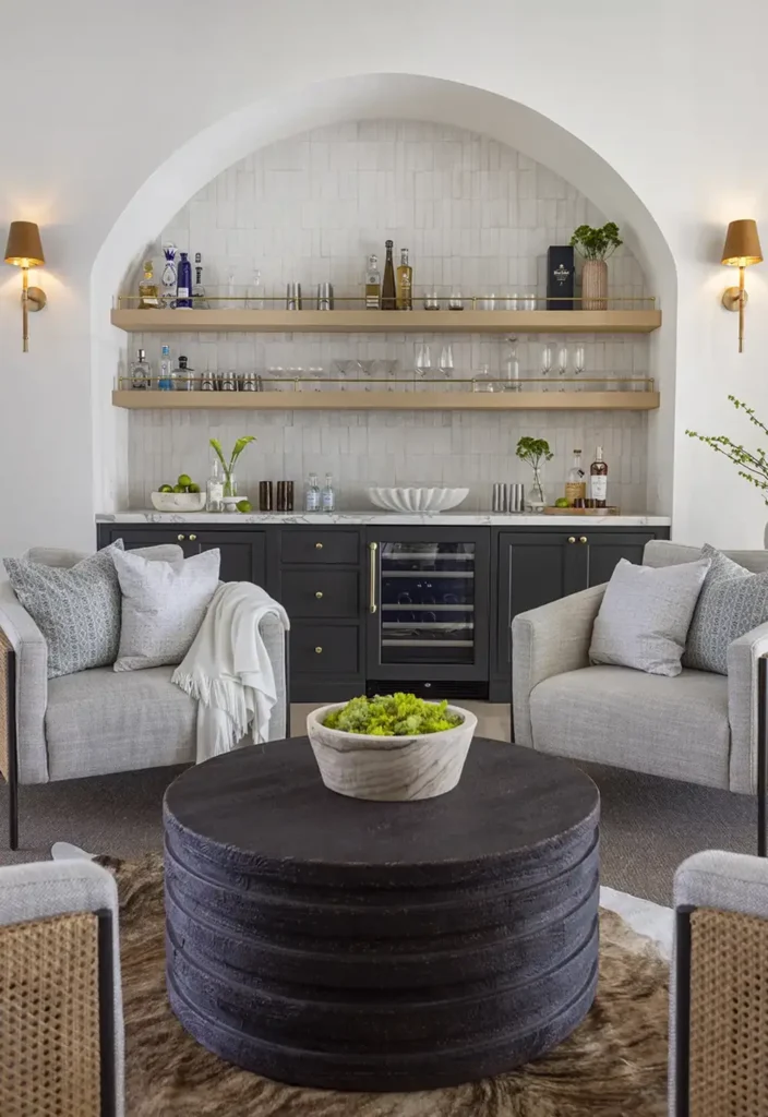 alesch luxury built in bookshelf architecture feature Custom arched built-in bookshelf design in upscale Ponte Vedra Beach home built by Alesch