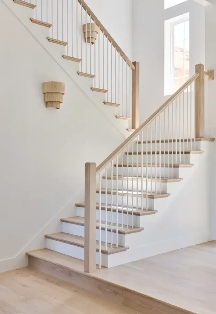 Custom stairway with architectural railing in grand coastal entryway by Alesch Architect in Jacksonville FL