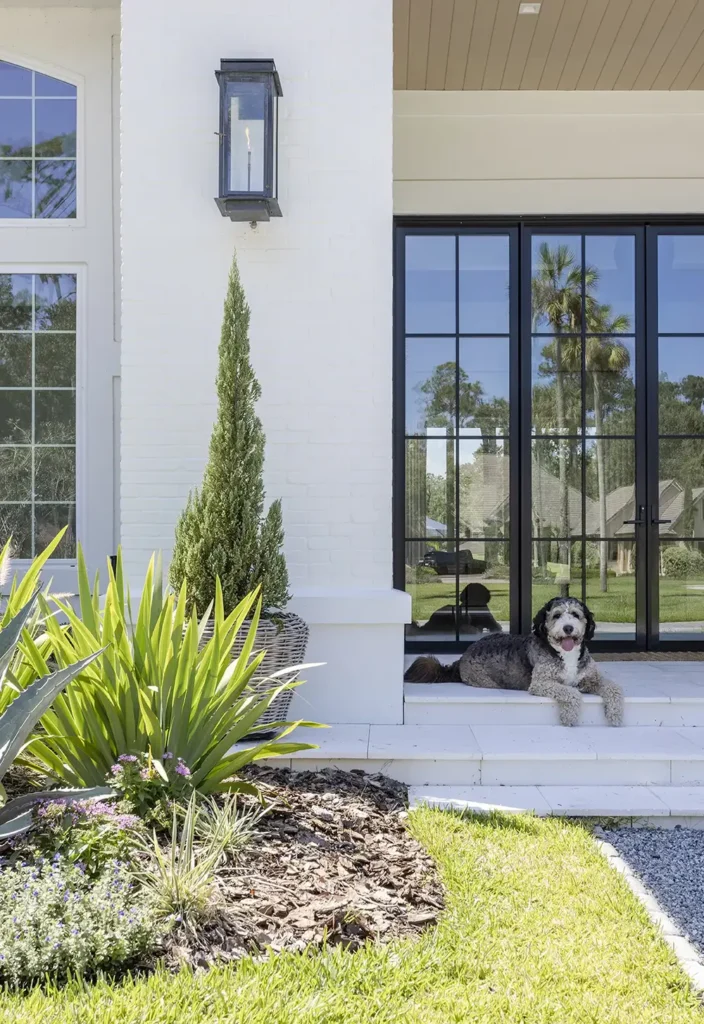 Custom home exterior with front steps and dog by Alesch Luxury Custom Builders in Ponte Vedra Beach